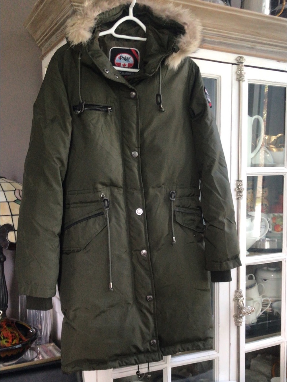 Pajar Olive Green Long Puffer Parka with Faux Fur Trim, XS
